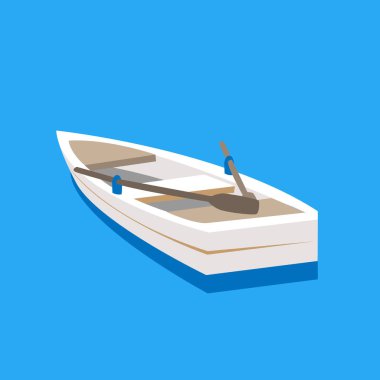 White boat with oars on a blue background. Vector illustration in a flat style. Summer rest