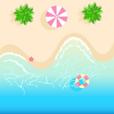 Sea and beach aerial view. Summer vacation by the sea. A colorful image of summer fun. Vector background.