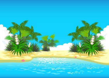 Tropical beach with palm tree and shining sea for screensaver, banner or poster. Summer vacation by the sea vector vertical background