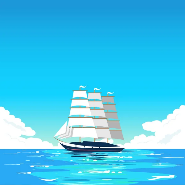 Large sailing ship on azure water. Calm on the sea. Vector illustration of sea travel, exploration and recreation.