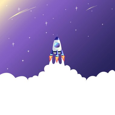 Rocket launch. Vector illustration of space travel and research. Project launch. Background illustration in cartoon style.
