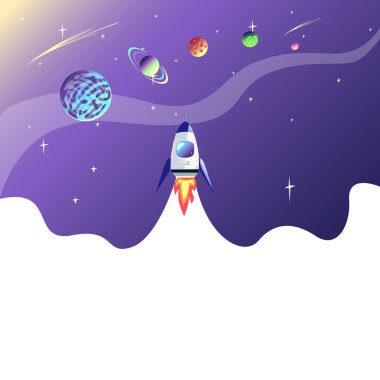  Rocket launch. Vector illustration of space travel and research. Project launch. Background illustration in cartoon style.