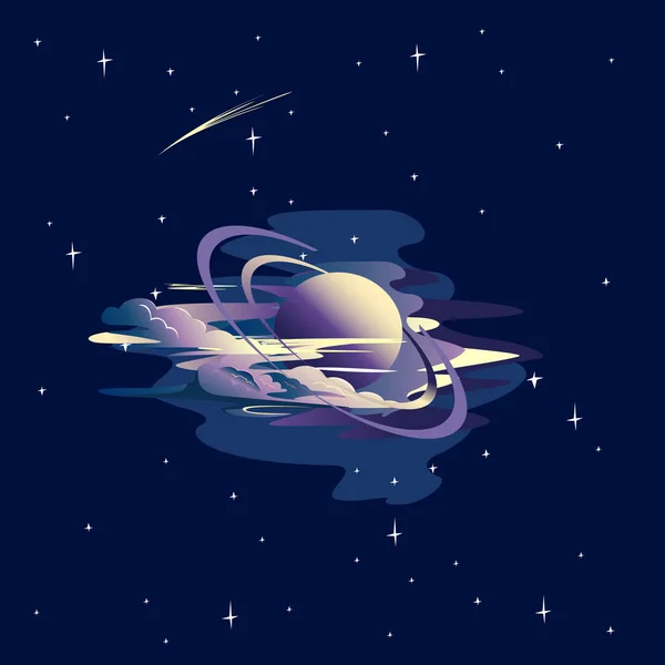 Planet Rings Haze Clouds Background Starry Sky Space Vector Illustration — Stock vektor
