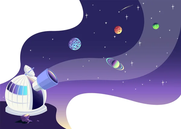 Astronomical Observatory Night Sky Cartoon Style Space Exploration Vector Illustration — Stok Vektör