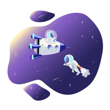 The astronaut flies to the spacecraft on a jetpack against the background of the stars and in a cartoon style. vector illustration isolated on white background. planetary exploration. Space research. 
