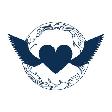 Kalbin eski tarz kanatları ve yaprakları var. Düğün davetiyeleri veya tebrik kartları için el çizgileri, sosyal medya duvar kağıtları.