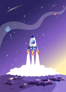 Roket yıldızlı gökyüzünün arka planına karşı gezegenin yüzeyinden havalanıyor. Uzay yolculuğu ve keşif, çizgi film tarzında vektör dikey illüstrasyonuName.