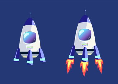 Çizgi film tarzında vektör roketler. Uzay yolculuğu ve macera.