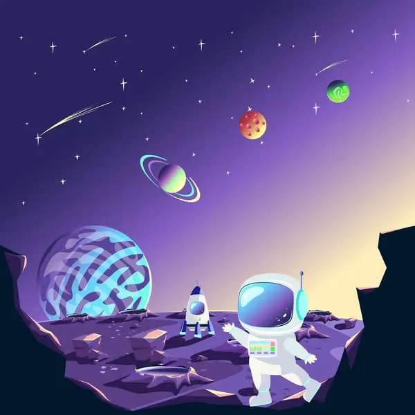 Astronaut Spacesuit Stands Surface Planet Background Rocket Starry Sky Space — Stock vektor