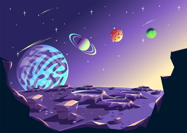 Yıldızlı Gökyüzünde Çok Renkli Gezegenlerin Karikatür Tarzında Görüntülerine Sahip Uzay — Stok Vektör