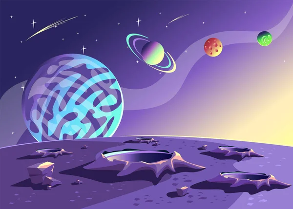 Tér Háttér Kép Többszínű Bolygók Csillagos Rajzfilm Stílusban Másolja Helyet — Stock Vector