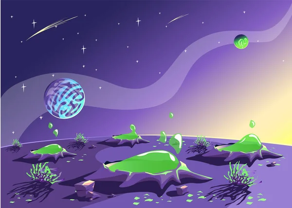 Планета Зеленому Слизі Космічний Фон Зображенням Поверхні Планети Покритої Кратерами — стоковий вектор
