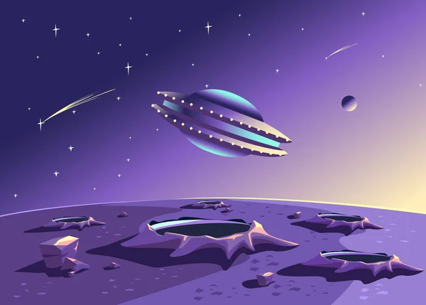 Горизонтальна Векторна Ілюстрація Літаючої Тарілки Тлі Космічного Пейзажу Поверхнею Планети — стоковий вектор