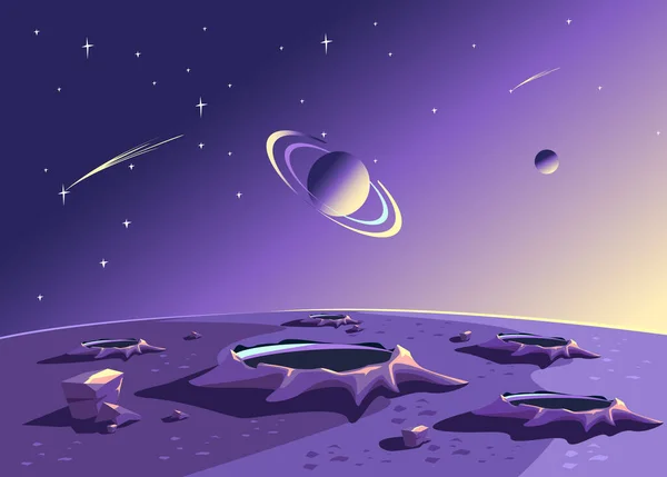 Космічний Пейзаж Зображує Поверхню Планети Кратерах Зоряне Небо Планети Мультиплікаційному — стоковий вектор