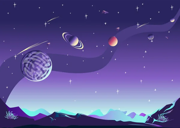Космічний Пейзаж Зображує Поверхню Планети Кратерах Зоряне Небо Планети Мультиплікаційному — стоковий вектор