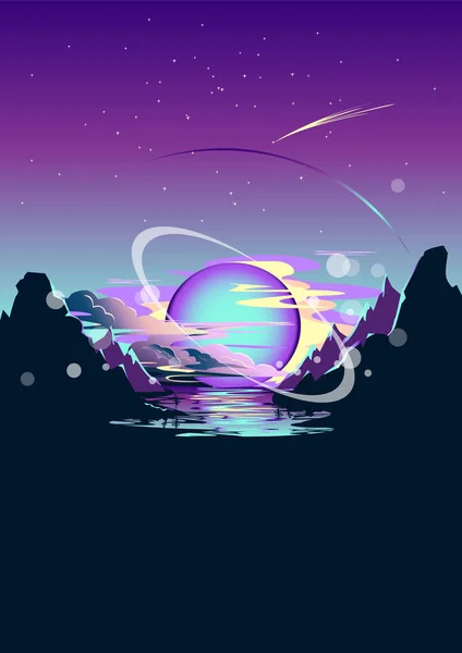 Futuristic Space Night Landscape Lilac Blue Colors Planet Clouds Reflected — Stock vektor