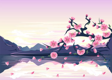 the current Reflecting River on which cherry blossom  grow, mountains and a warm sky with clouds. vector illustration. Japanese style.