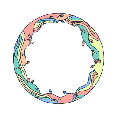 Bright cool cartoon psychedelic rainbow pattern - 70s - 80s hippie floral style. Frame, template, social media, decoration. Vintage vector illustration.