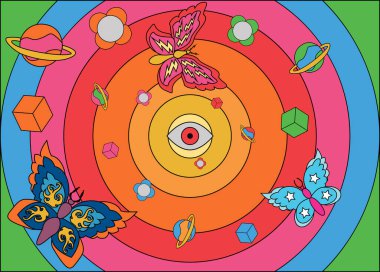 Farklı elementlere sahip parlak havalı karikatür gökkuşağı deseni - 60 'lar-70' ler hippi çiçek stili. Çerçeve, şablon, geçmiş, sosyal ağlar, dekorasyon. Vintage vektör illüstrasyonu.