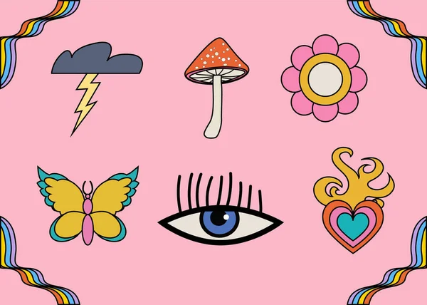 Set Von Coolen Psychedelischen Regenbogenaufklebern Aus Cartoon Hippie Stil Der — Stockvektor