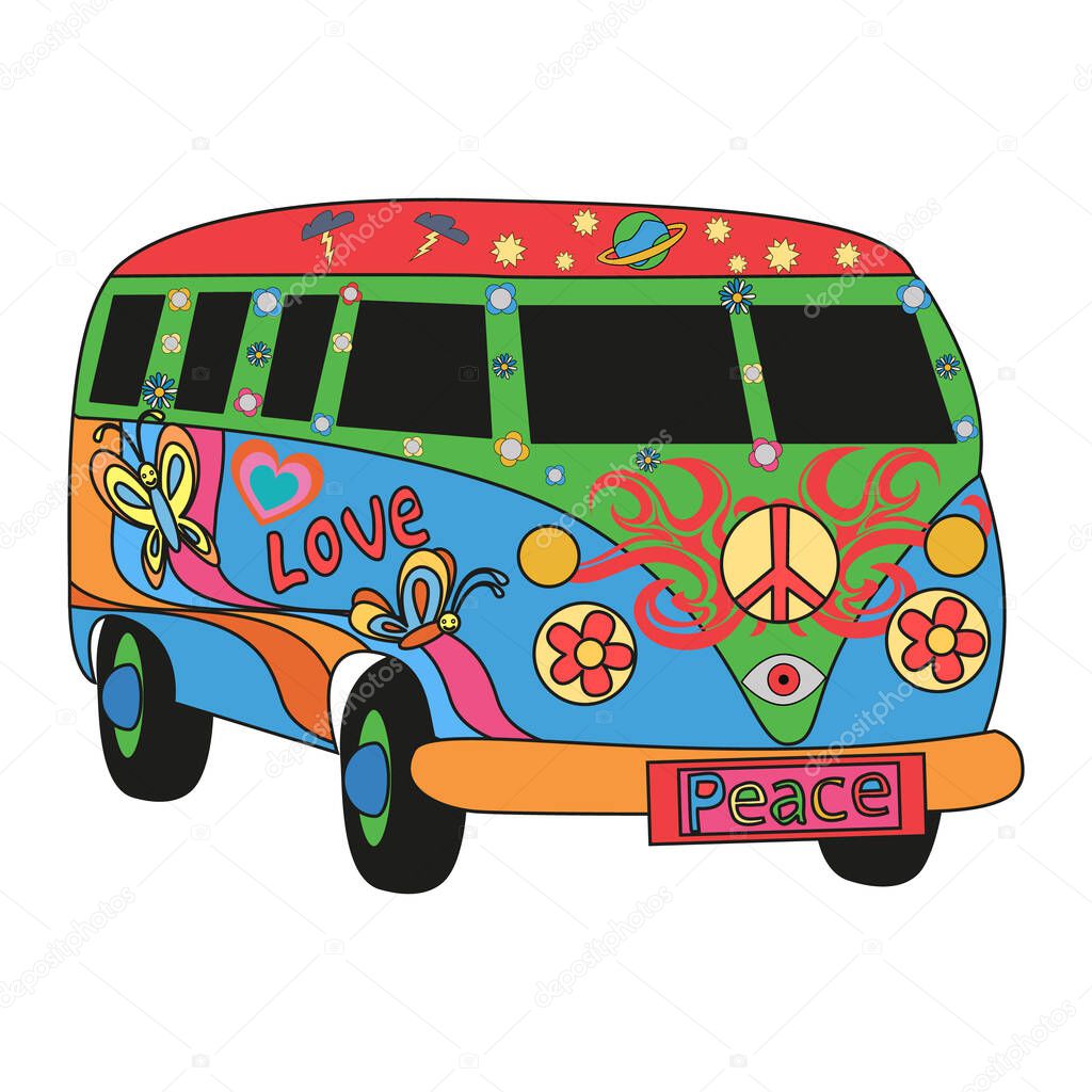 Bright cool cartoon colored mini bus with different patterns - 60s-70s hippie style. Print.social networks, design. hippie bus. Vintage vector illustration isolated on white background.
