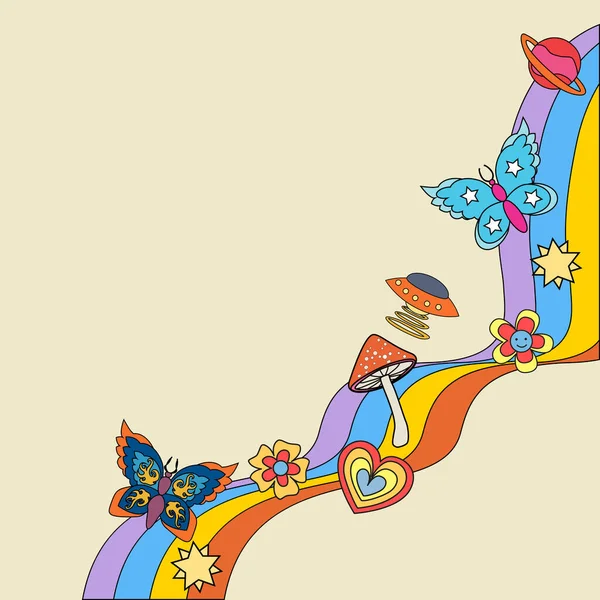 Psykedelisk Cool Vintage Bakgrund Rainbow Där Stjärnorna Planeten Fjärilar Flygande — Stock vektor