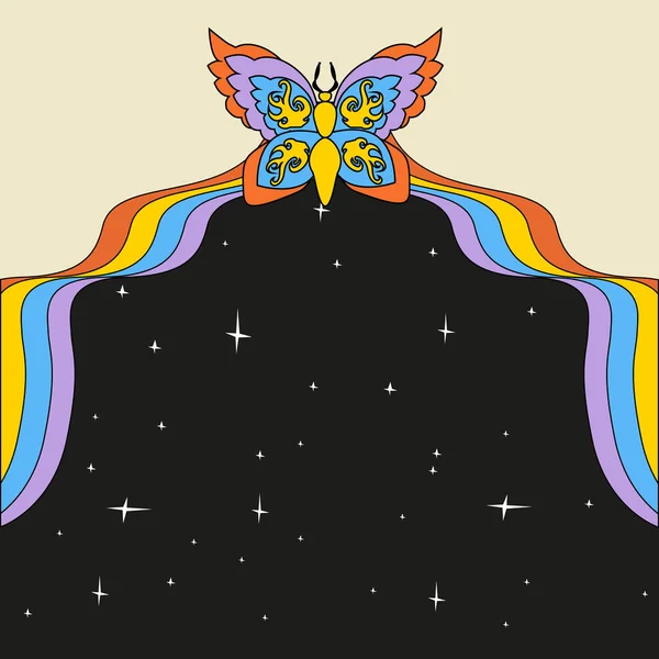 Psychedelisch Cooler Vintage Hintergrund Mit Kosmischem Regenbogen Und Schmetterling Psychedelischer — Stockvektor