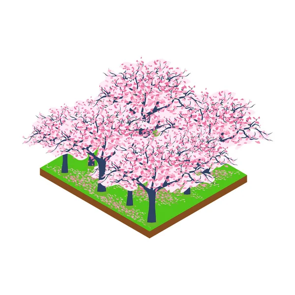 Isometrischer Wald Übersät Mit Sakura Blüten Vektor Illustration Isoliert Auf — Stockvektor