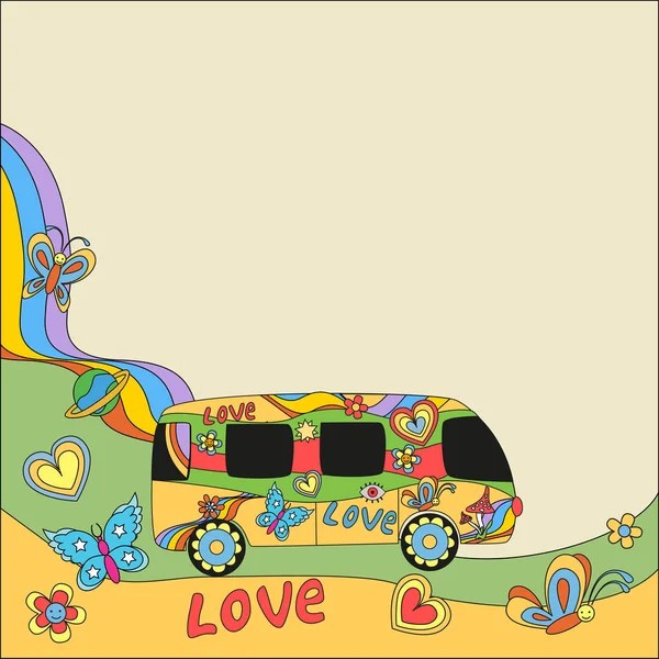 Psychédélique Cool Arrière Plan Vintage Arc Ciel Avec Hippie Bus — Image vectorielle