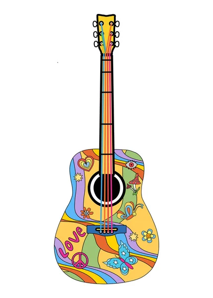 Bright Cool Cartoon Color Guitar Patterns 60S 70S Hippie Style — Stock Vector
