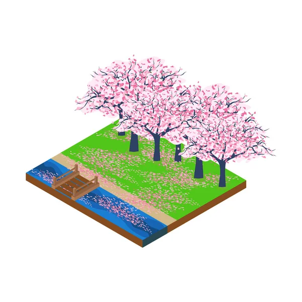 Forêt Isométrique Parsemée Pétales Sakura Illustration Vectorielle Isolée Sur Fond — Image vectorielle