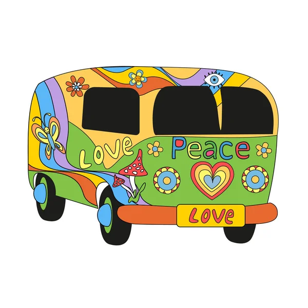 Autobús Hippie Vintage Fresco Psicodélico Estrellas Planetas Mariposas Platillos Voladores Vector de stock