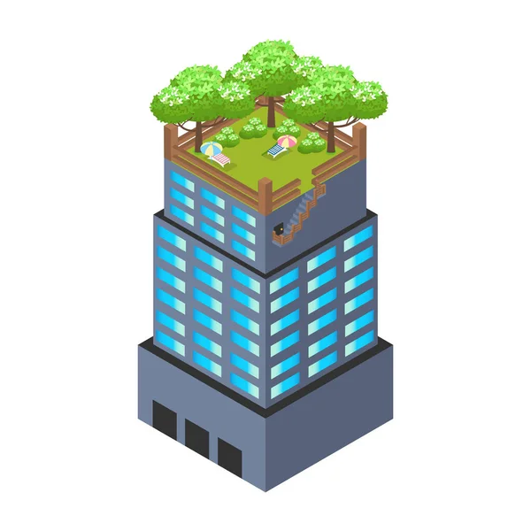 Isometrischer Grüner Wolkenkratzer Mit Dachpark Und Holzpfählen Vektor Illustration Isoliert — Stockvektor