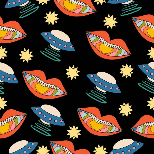 Yıllarda Hippi Tarzında Farklı Elementlerle Kusursuz Çok Renkli Psikedelik Desen — Stok Vektör