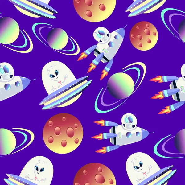 Modèle Sans Couture Différentes Planètes Astronautique Ovnis Avec Des Extraterrestres — Image vectorielle