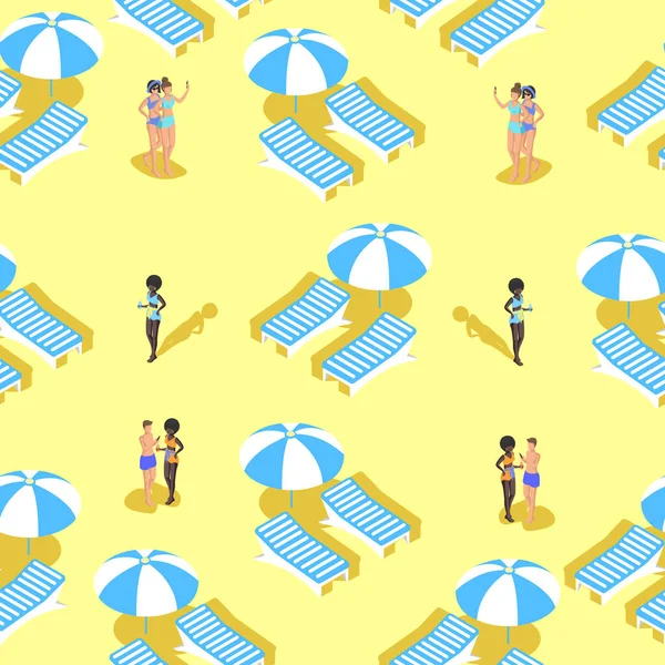 Seamless Pattern Isometric Sun Loungers Beach People Vector Illustration — Stock Vector