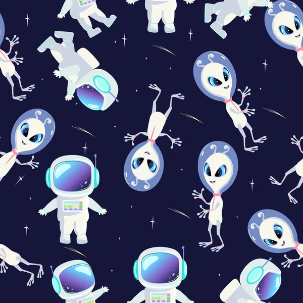 Patrón Sin Costuras Simpáticos Astronautas Astronautas Alienígenas Espacio Diferentes Colores — Archivo Imágenes Vectoriales