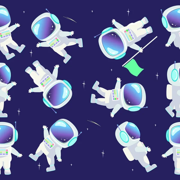 Kusursuz Desenli Astronotlar Uzayda Farklı Renklerde Çizgi Filmlerdeki Neşeli Çocuk — Stok Vektör