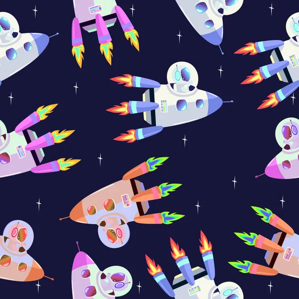 无缝线图案宇航员在太空火箭上的不同颜色的卡通人物儿童的五彩缤纷的欢快风格 社交媒体 关于空间背景的矢量说明 — 图库矢量图片