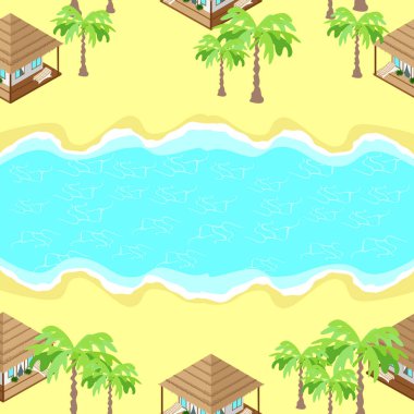 İzometrik bungalovları ve palmiye ağaçları olan kusursuz desenli plaj. vektör illüstrasyonu