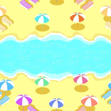 İzometrik güneş şezlongları ve deniz kenarında plaj şemsiyeleri olan kusursuz plaj desenleri. vektör illüstrasyonu.