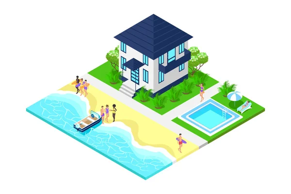 stock vector Party, Rest on the beach near the beach house with a swimming pool isometric people in swimsuits with drinks near the boat. vector illustration.