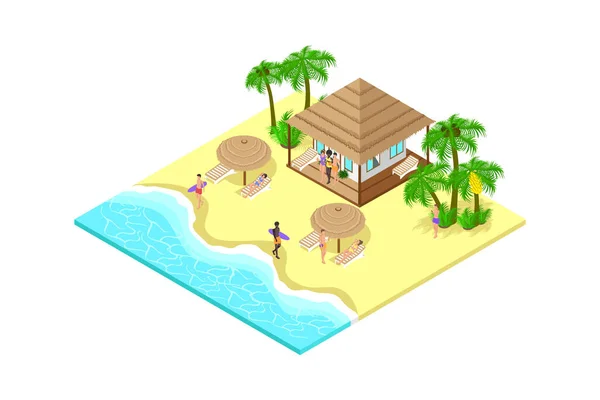 派对上 在海滩上靠近平房休息 在棕榈树旁休息 矢量说明 — 图库矢量图片