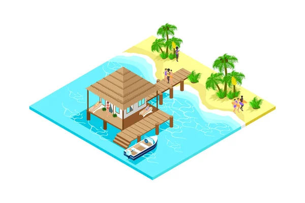 派对上 在海滩上靠近平房休息 在棕榈树旁休息 穿着泳衣 喝着饮料的人在船边等着 矢量说明 — 图库矢量图片
