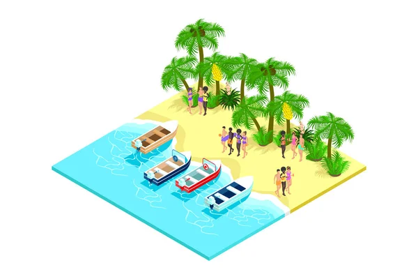 派对上 在海滩上休息 与棕榈树同花顺的人穿着泳衣 在船边喝酒 矢量说明 — 图库矢量图片