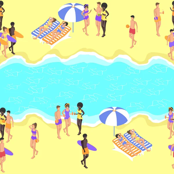 Izometryczni Ludzie Relaksują Się Plaży Leżą Leżakach Płynny Wzór Ilustracja — Wektor stockowy