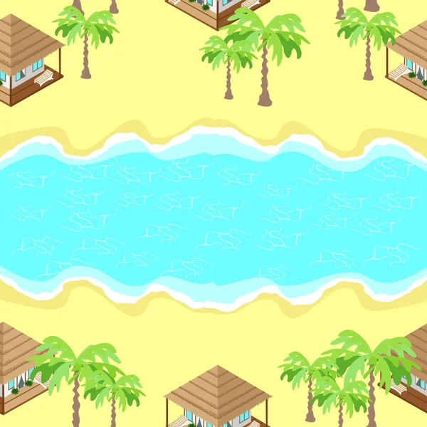 Playa Patrón Sin Costuras Con Bungalows Isométricos Palmeras Ilustración Vectorial — Vector de stock