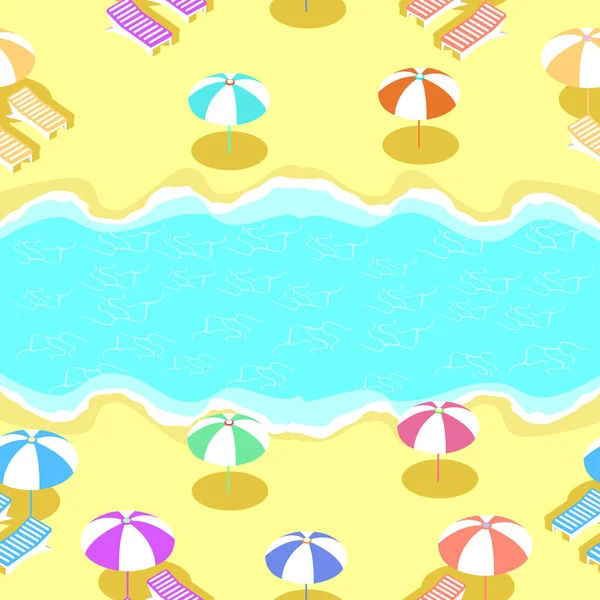 Zökkenőmentes Strand Minta Izometrikus Napozóágyakkal Tengerparti Esernyőkkel Vektor Illusztráció — Stock Vector