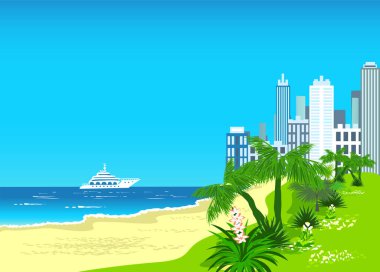 Yolcu gemisi tatil köyünün limanına giriyor. Yaz tatili ve seyahat. Tropik şehir plajı. Vektör illüstrasyonu.