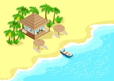 Tropik bir sahilde, kumlu bir palmiye ağacı iskelesi ve mavi denize demirlemiş bir teknesi olan Isome 'lı bungalov. Vektör illüstrasyonu.